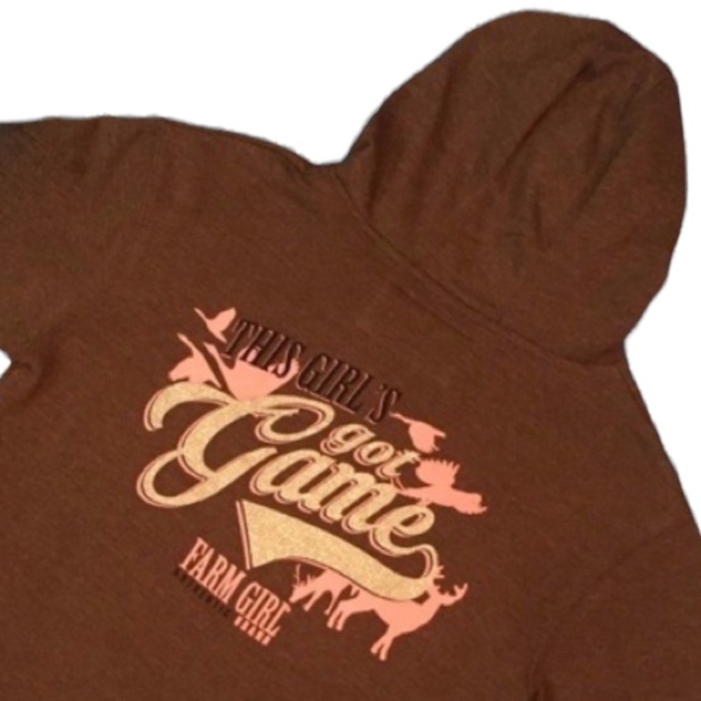 Women’s Farm Girl “Girls Got Game” Deer Bird Hunting Long Sleeve Brown Hoodie XL